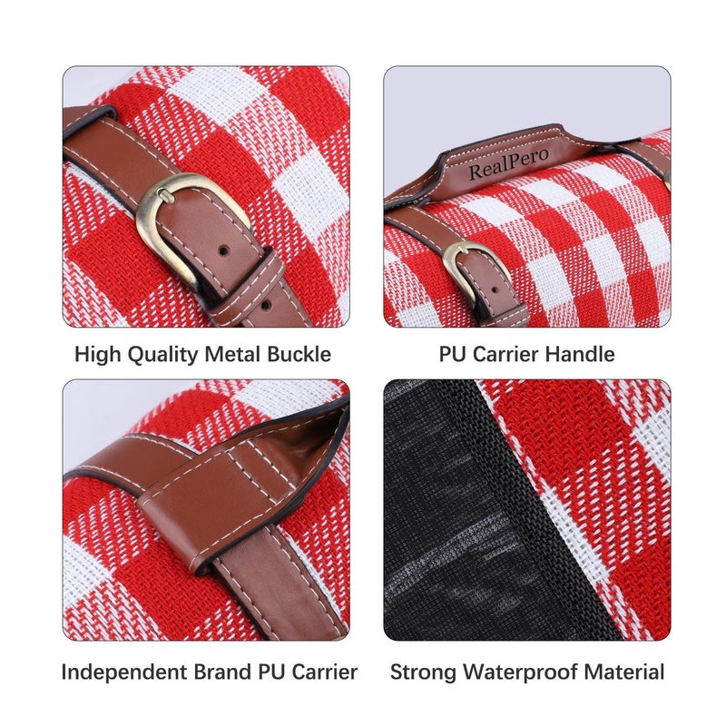 RealPero Extra Large Picnic Blanket Waterproof Camping Mat Rug with PU Carrier Soft Lightweight Portable Outdoor Mat for Travel Lawn Camping on Grass Sand-Proof Beach Red White Plaid - Image 3